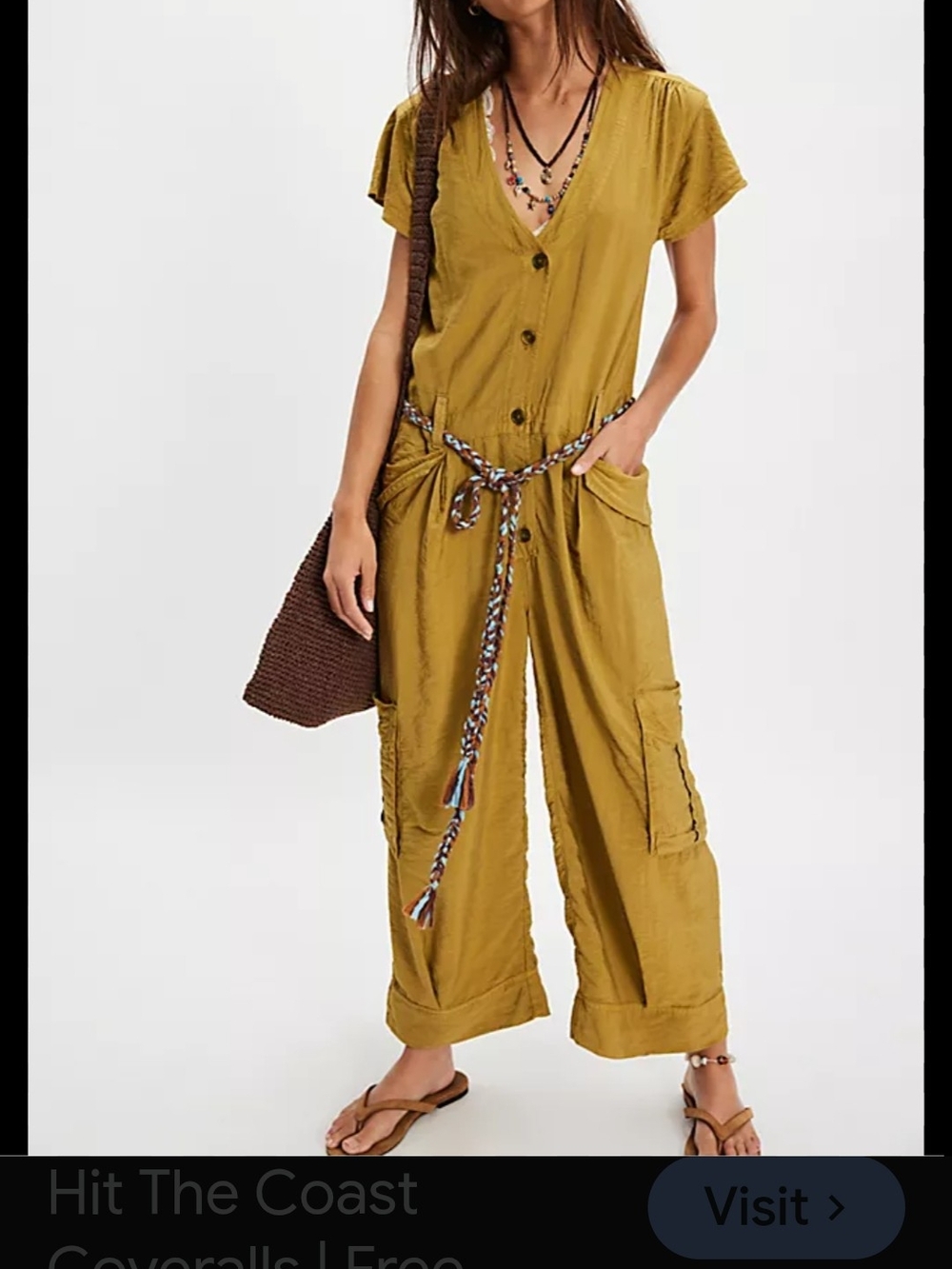 Free People Mustard Button-Front Utility Jumpsuit with Braided Belt